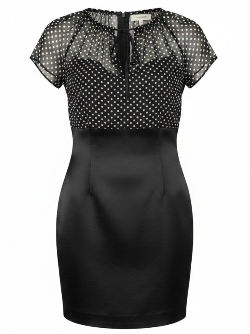 Tahari Petite Black Satin Dress with Polka Dot Mesh Top – Size 8P